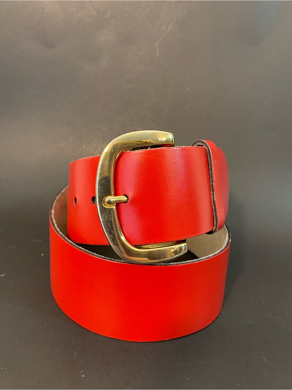 Vintage CALDERON Bright Red Wide Leather Belt with Gold Buckle